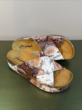 Free People Sidelines Flatform Snake-Print Platform Slides in Brown, Tan & White